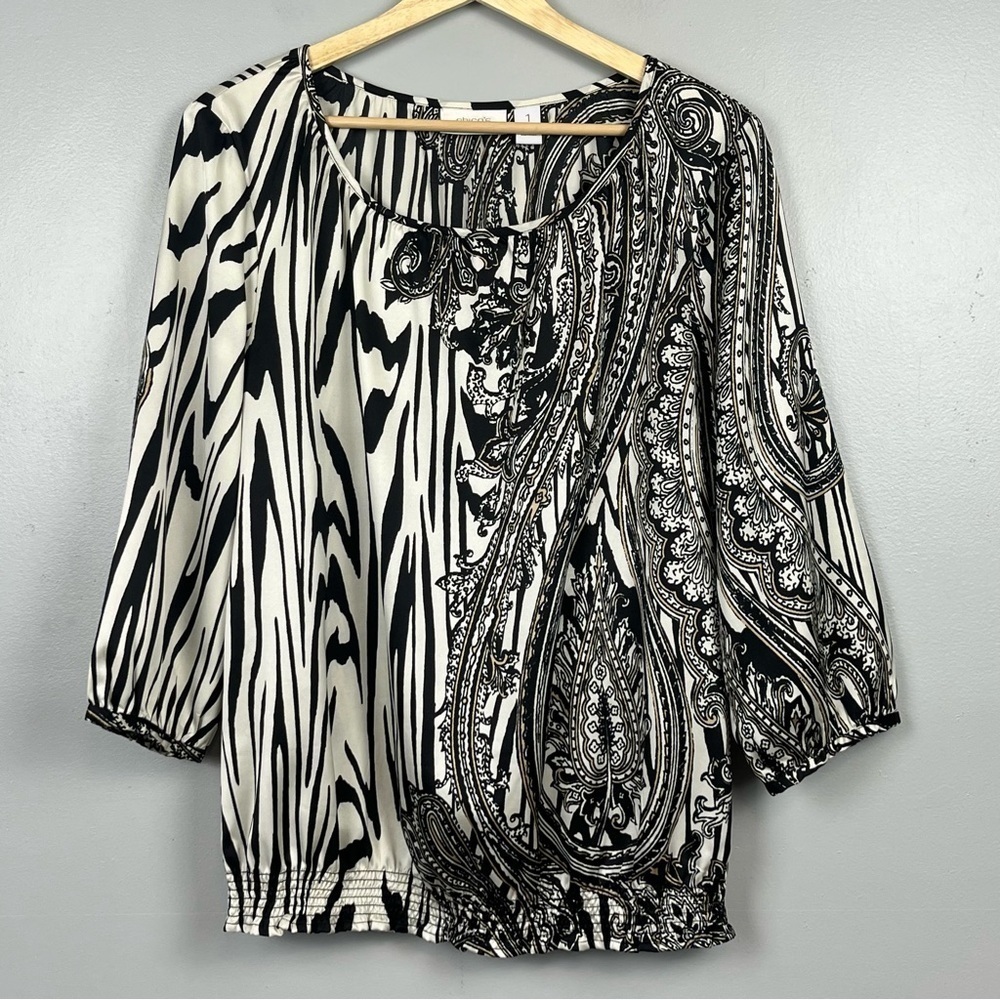 Chicos black & white paisley & zebra blouson smocked hem blouse top, 1 = medium.